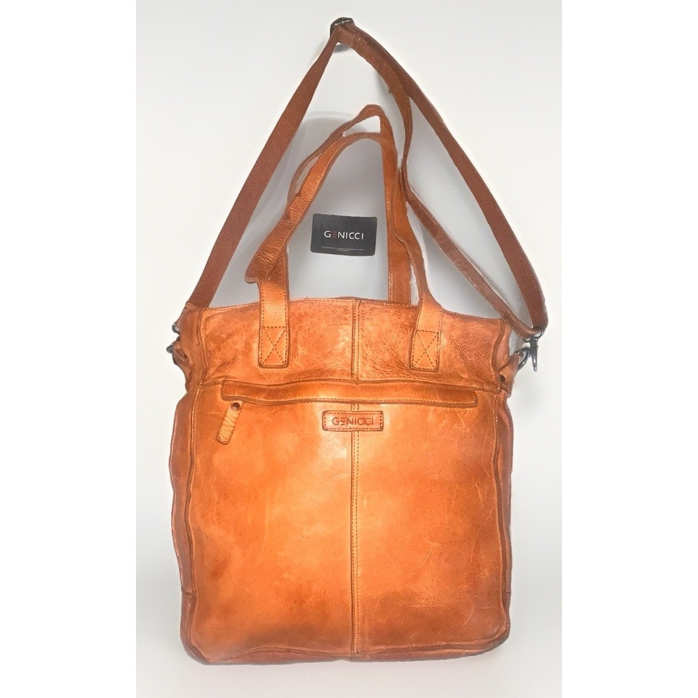 Genicci Large Genuine Leather Distressed Tote Crossbody Cognac Bag NEW